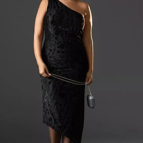 Hutch One-Shoulder Ruched Velvet Dress Pink/Rose/Magenta XL - Picture 6 of 9